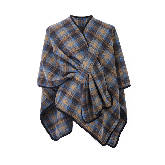 Blue plaid shawl with crossed fastenings